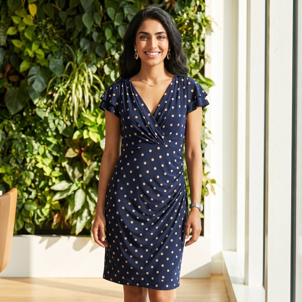 Lauren Ralph Lauren Polka Dot Sheath Dress Women 8 Navy Blue Tan Classic Office